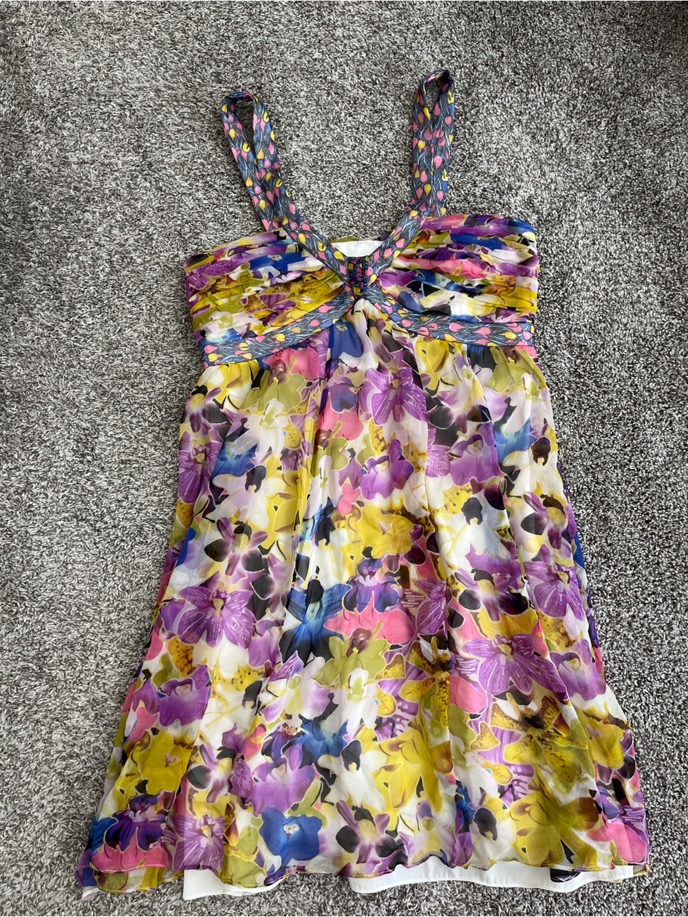 Nine West Ruched Multicolor Floral Silk Mini Dress
